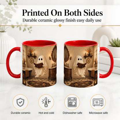 #pl[11oz|Red] Reading Ghost Ceramic Mug, Vintage Bathroom Halloween Art for Readers