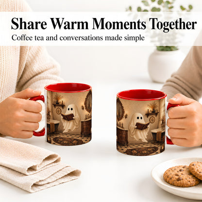 #pl[11oz|Red] Reading Ghost Ceramic Mug, Vintage Bathroom Halloween Art for Readers