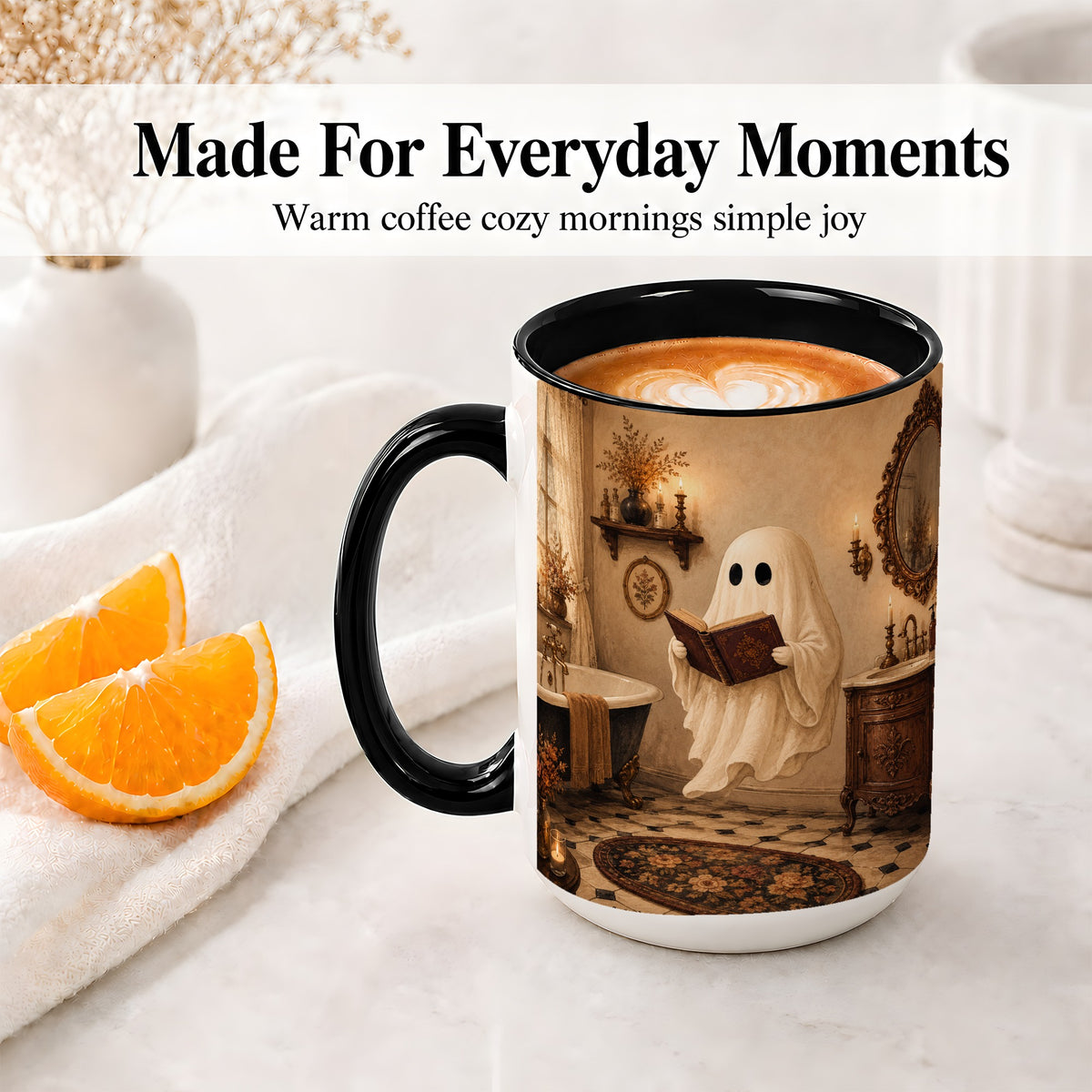 #pl[15oz|Black] Reading Ghost Ceramic Mug, Vintage Bathroom Halloween Art for Readers