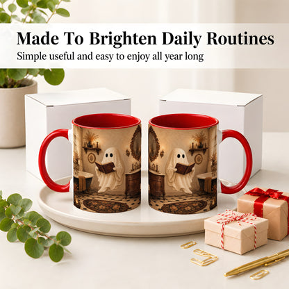 #pl[11oz|Red] Reading Ghost Ceramic Mug, Vintage Bathroom Halloween Art for Readers