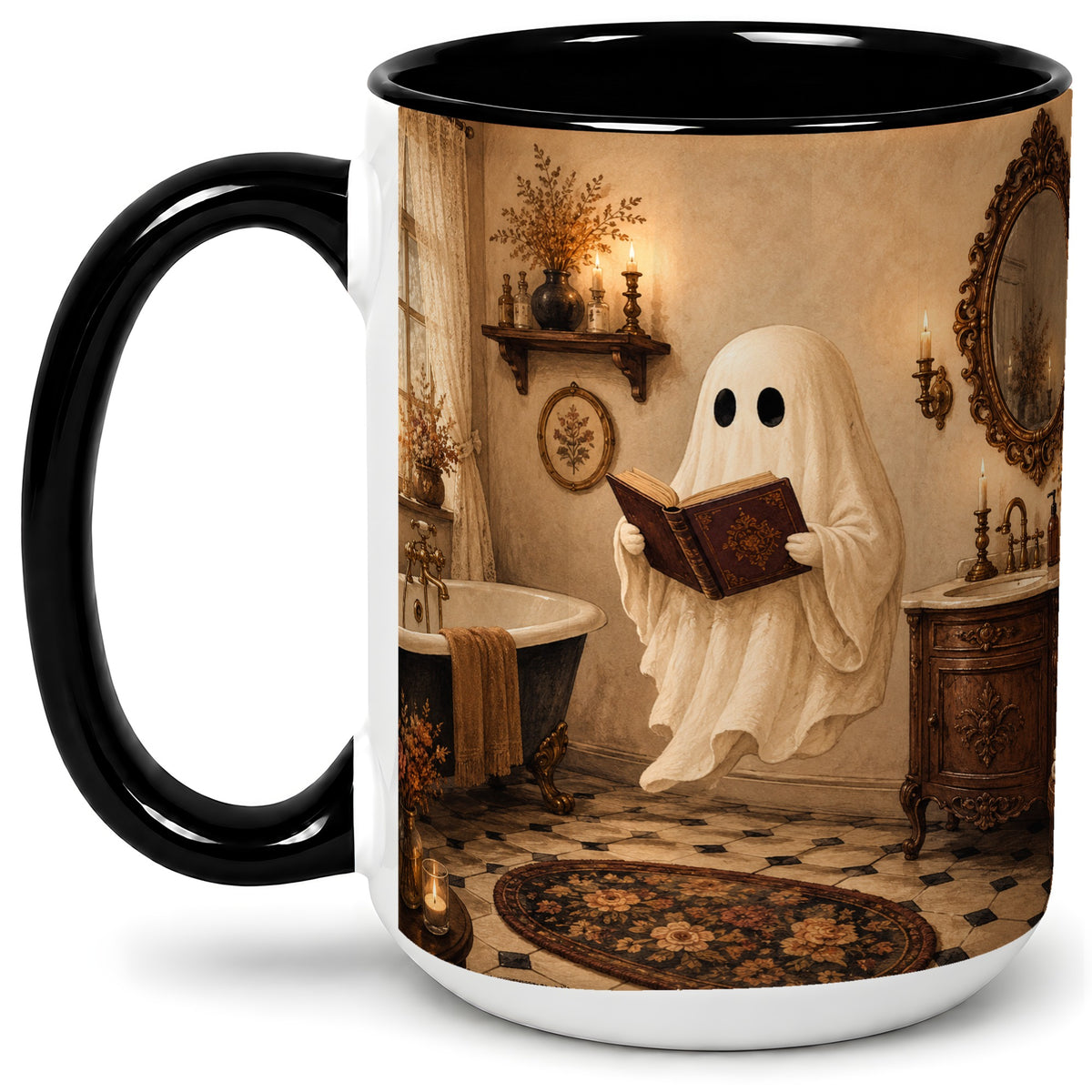 #pl[15oz|Black] Reading Ghost Ceramic Mug, Vintage Bathroom Halloween Art for Readers