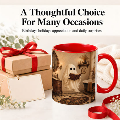 #pl[11oz|Red] Reading Ghost Ceramic Mug, Vintage Bathroom Halloween Art for Readers