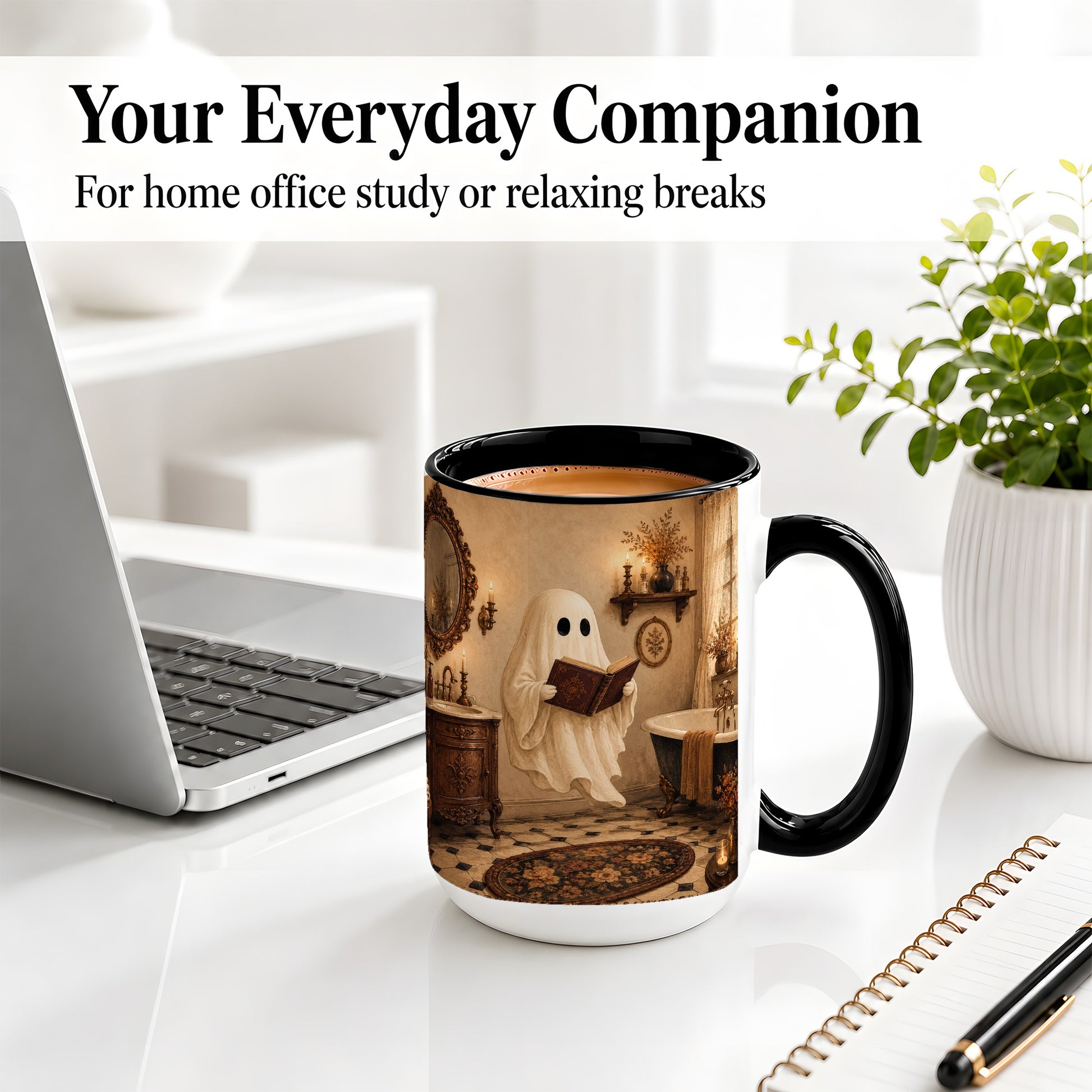 #pl[15oz|Black] Reading Ghost Ceramic Mug, Vintage Bathroom Halloween Art for Readers