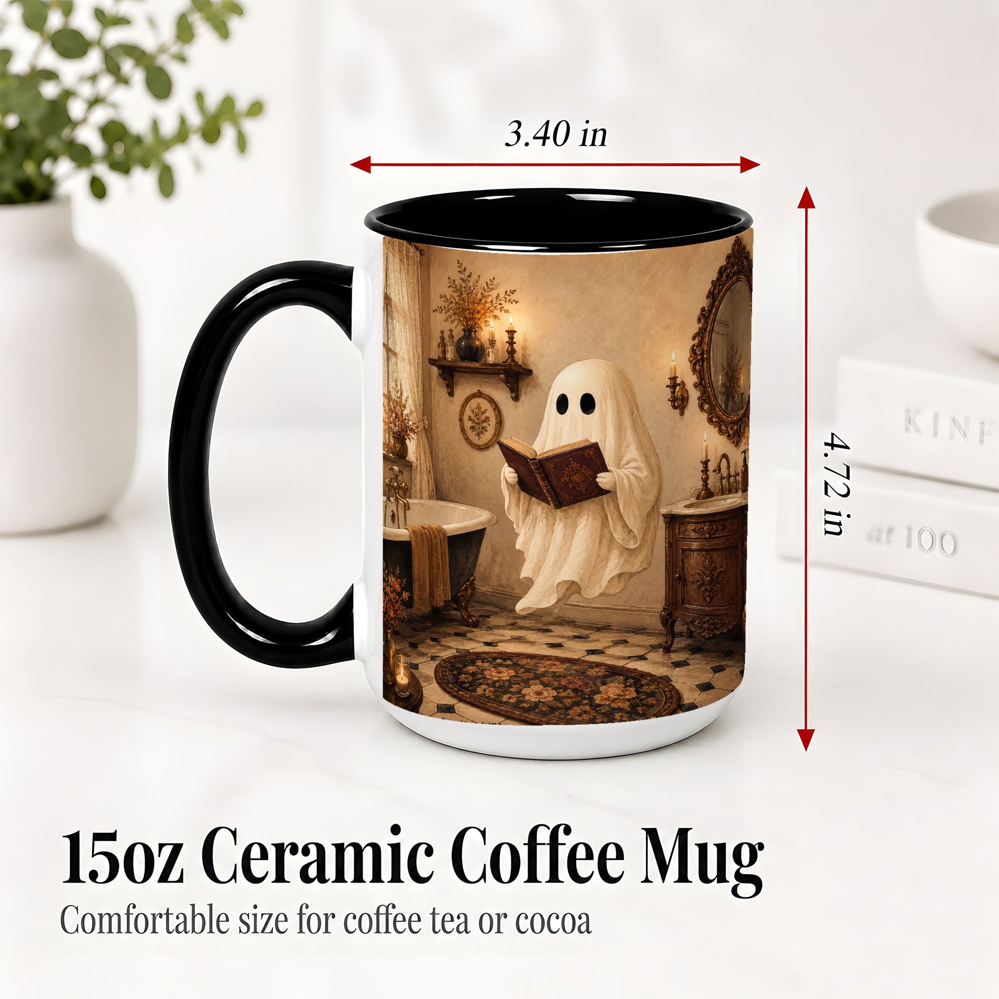 #pl[15oz|Black] Reading Ghost Ceramic Mug, Vintage Bathroom Halloween Art for Readers