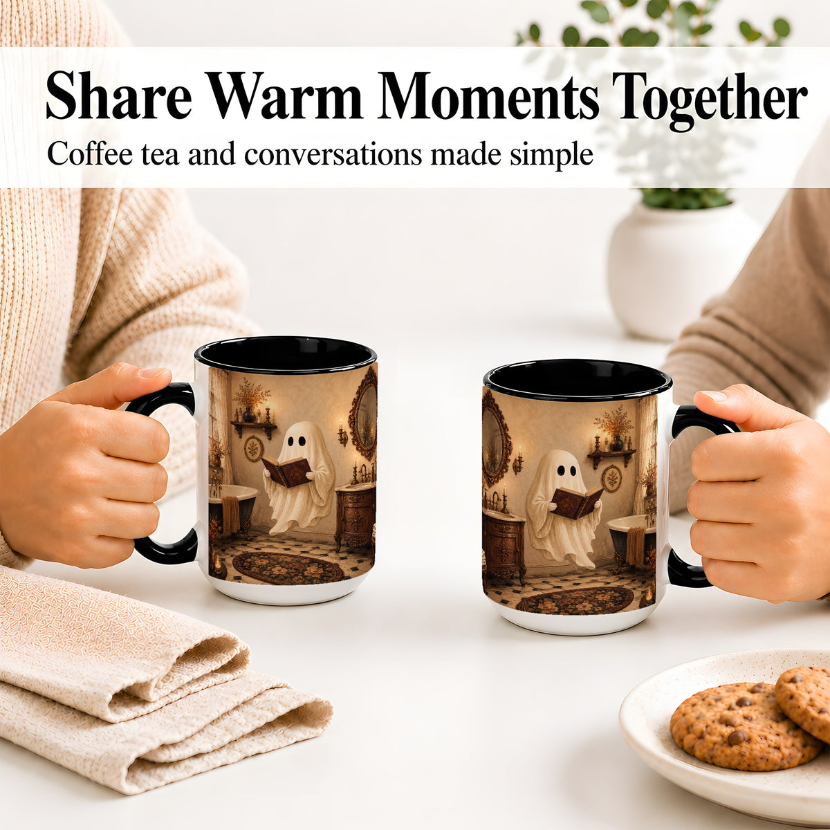 #pl[15oz|Black] Reading Ghost Ceramic Mug, Vintage Bathroom Halloween Art for Readers