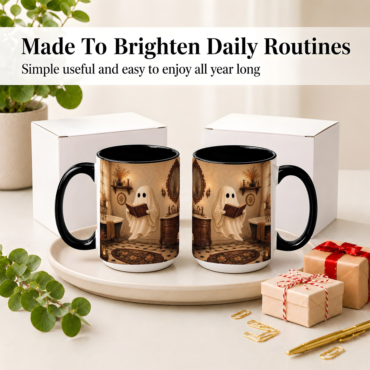 #pl[15oz|Black] Reading Ghost Ceramic Mug, Vintage Bathroom Halloween Art for Readers