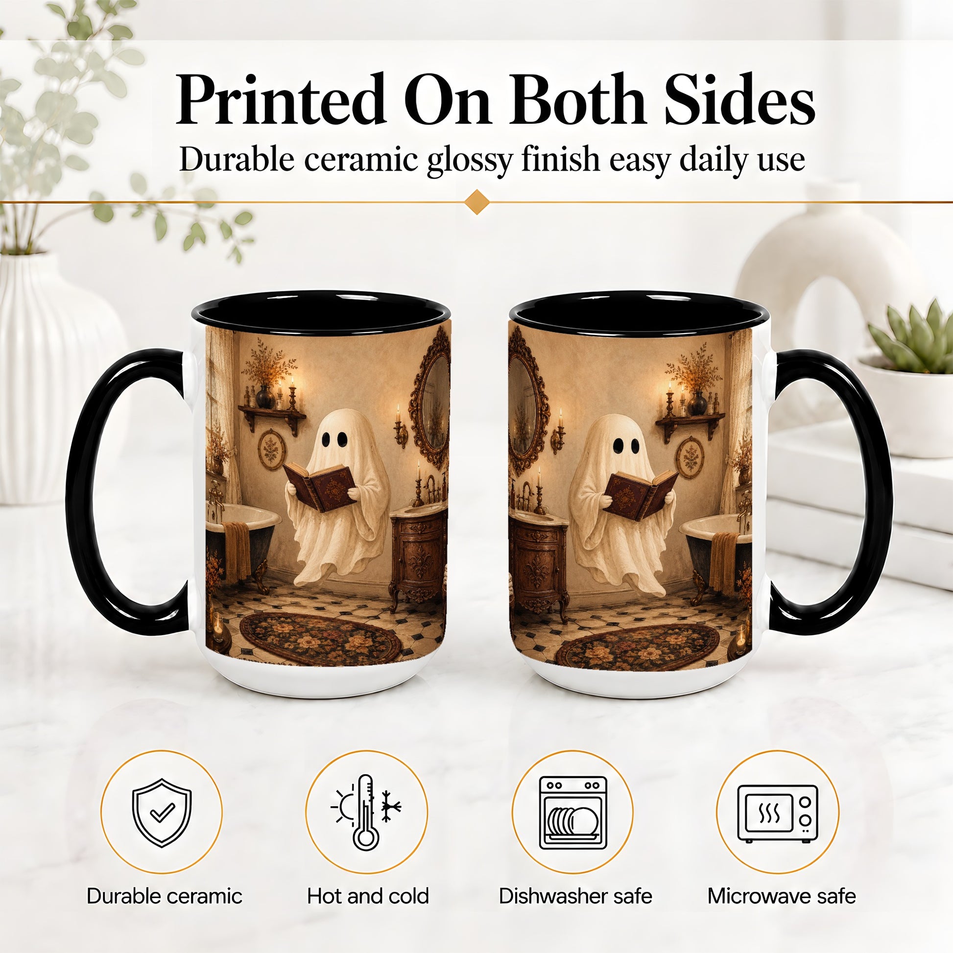 #pl[15oz|Black] Reading Ghost Ceramic Mug, Vintage Bathroom Halloween Art for Readers