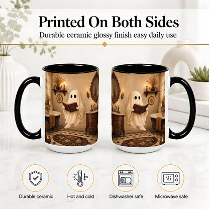 #pl[15oz|Black] Reading Ghost Ceramic Mug, Vintage Bathroom Halloween Art for Readers