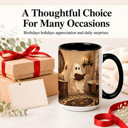 #pl[15oz|Black] Reading Ghost Ceramic Mug, Vintage Bathroom Halloween Art for Readers