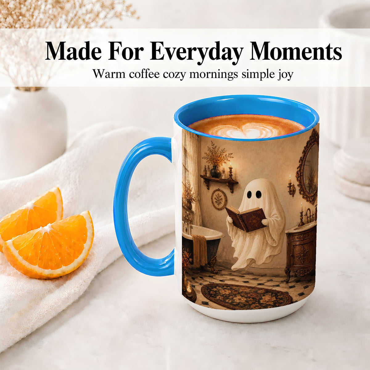 #pl[15oz|Blue] Reading Ghost Ceramic Mug, Vintage Bathroom Halloween Art for Readers