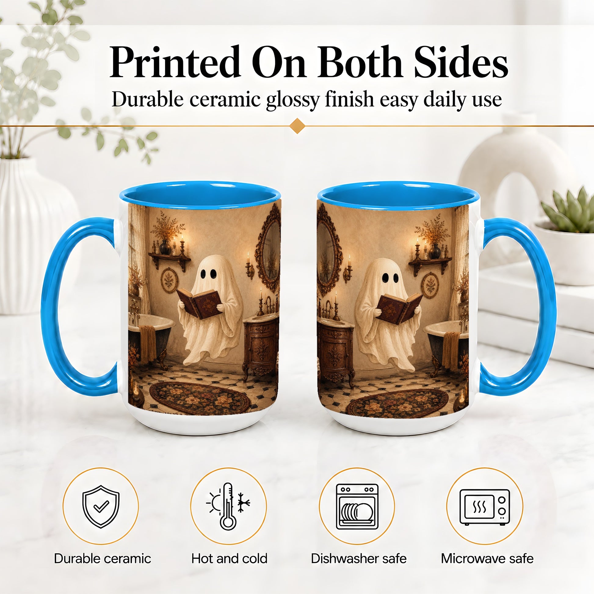#pl[15oz|Blue] Reading Ghost Ceramic Mug, Vintage Bathroom Halloween Art for Readers