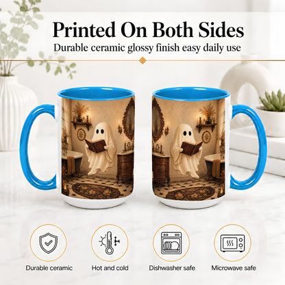 #pl[15oz|Blue] Reading Ghost Ceramic Mug, Vintage Bathroom Halloween Art for Readers