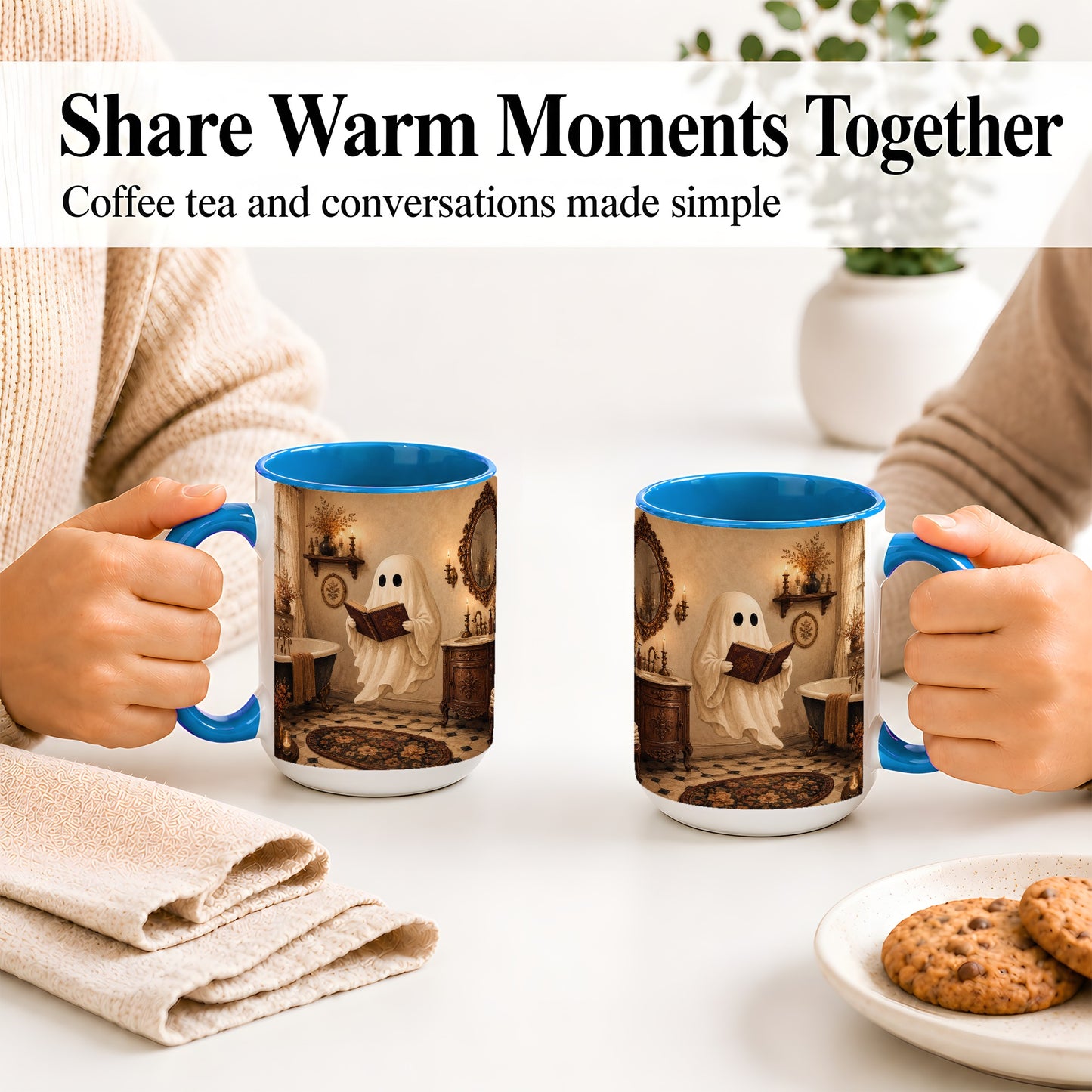 #pl[15oz|Blue] Reading Ghost Ceramic Mug, Vintage Bathroom Halloween Art for Readers
