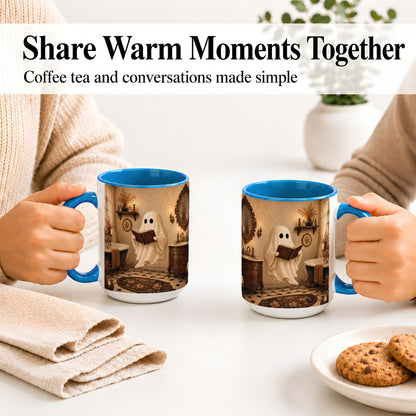 #pl[15oz|Blue] Reading Ghost Ceramic Mug, Vintage Bathroom Halloween Art for Readers