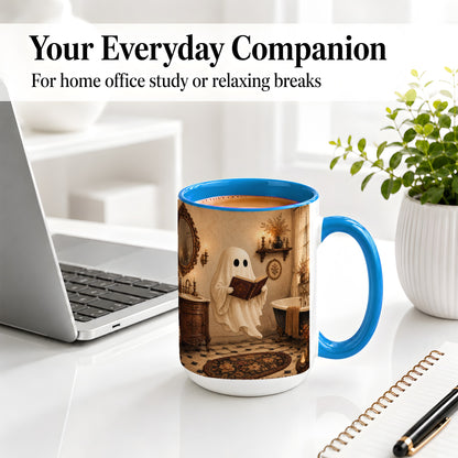 #pl[15oz|Blue] Reading Ghost Ceramic Mug, Vintage Bathroom Halloween Art for Readers