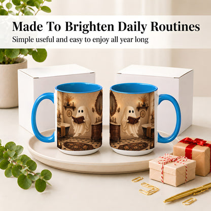 #pl[15oz|Blue] Reading Ghost Ceramic Mug, Vintage Bathroom Halloween Art for Readers