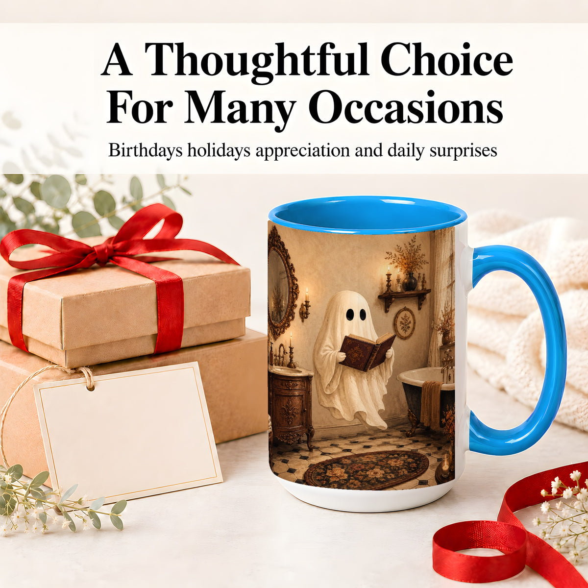 #pl[15oz|Blue] Reading Ghost Ceramic Mug, Vintage Bathroom Halloween Art for Readers