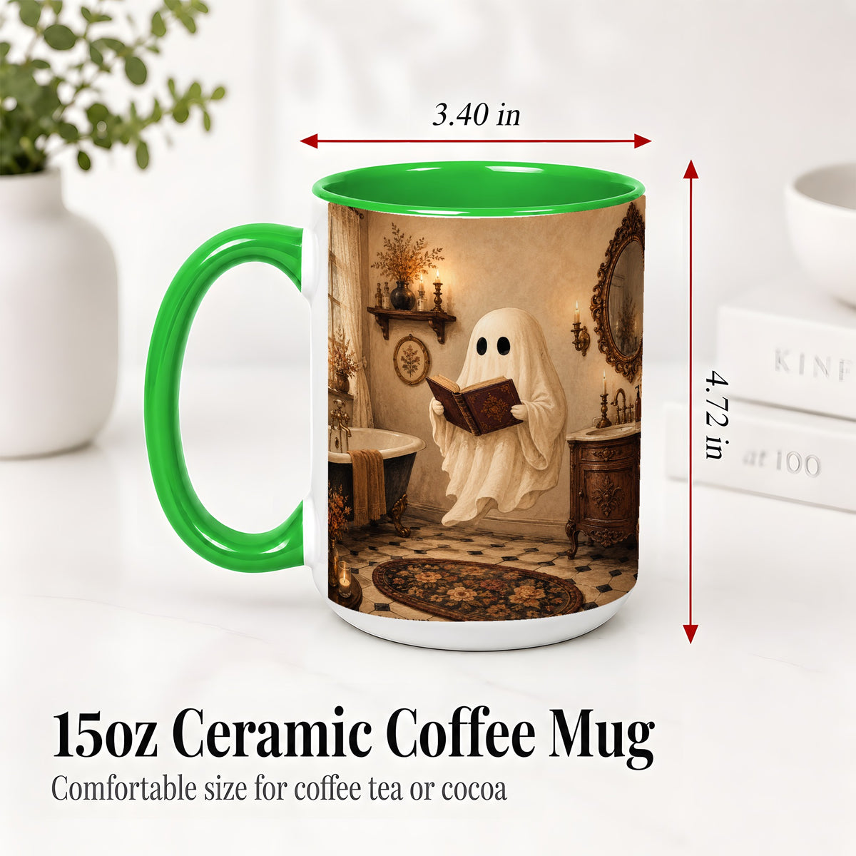 #pl[15oz|Green] Reading Ghost Ceramic Mug, Vintage Bathroom Halloween Art for Readers
