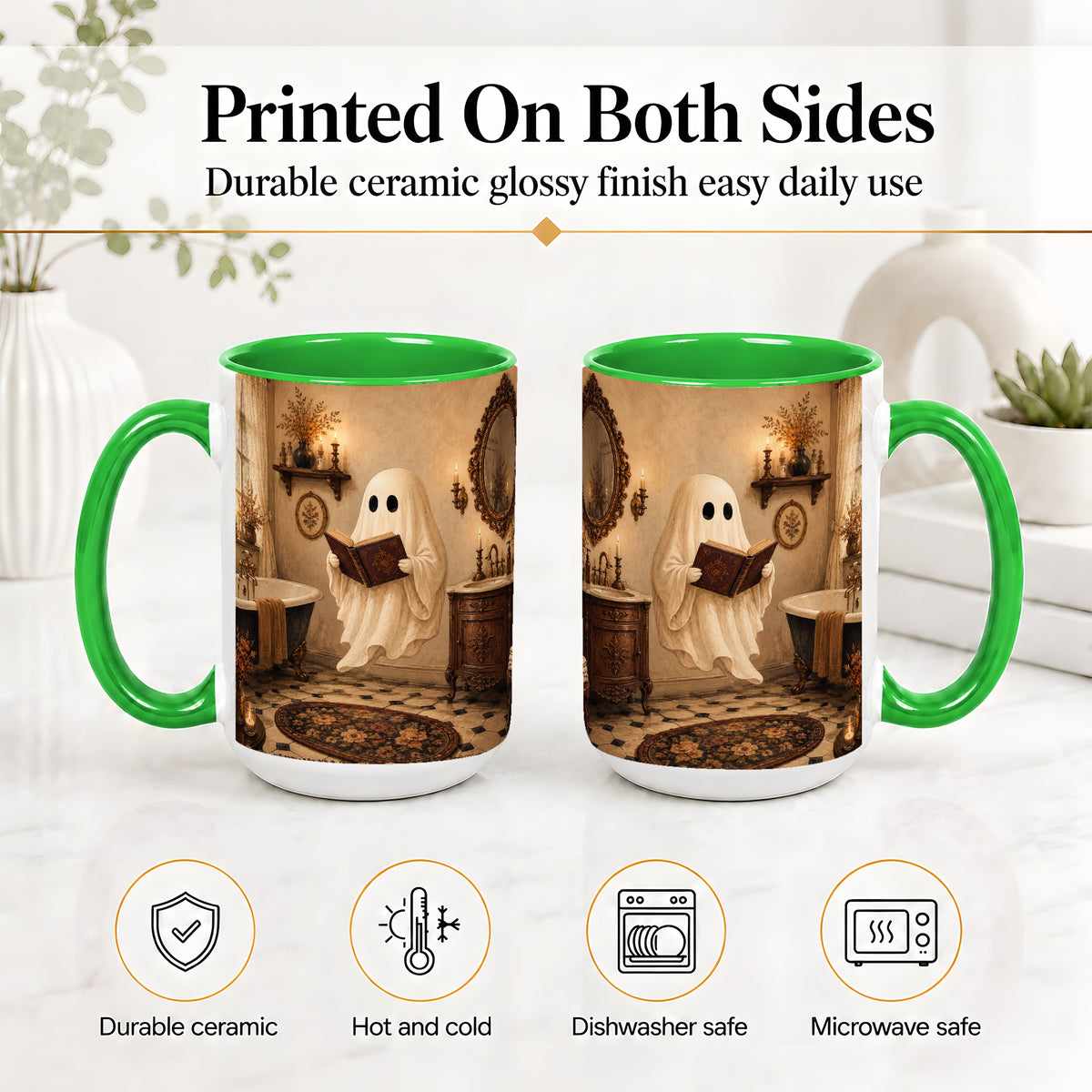 #pl[15oz|Green] Reading Ghost Ceramic Mug, Vintage Bathroom Halloween Art for Readers