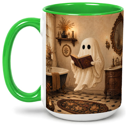 #pl[15oz|Green] Reading Ghost Ceramic Mug, Vintage Bathroom Halloween Art for Readers