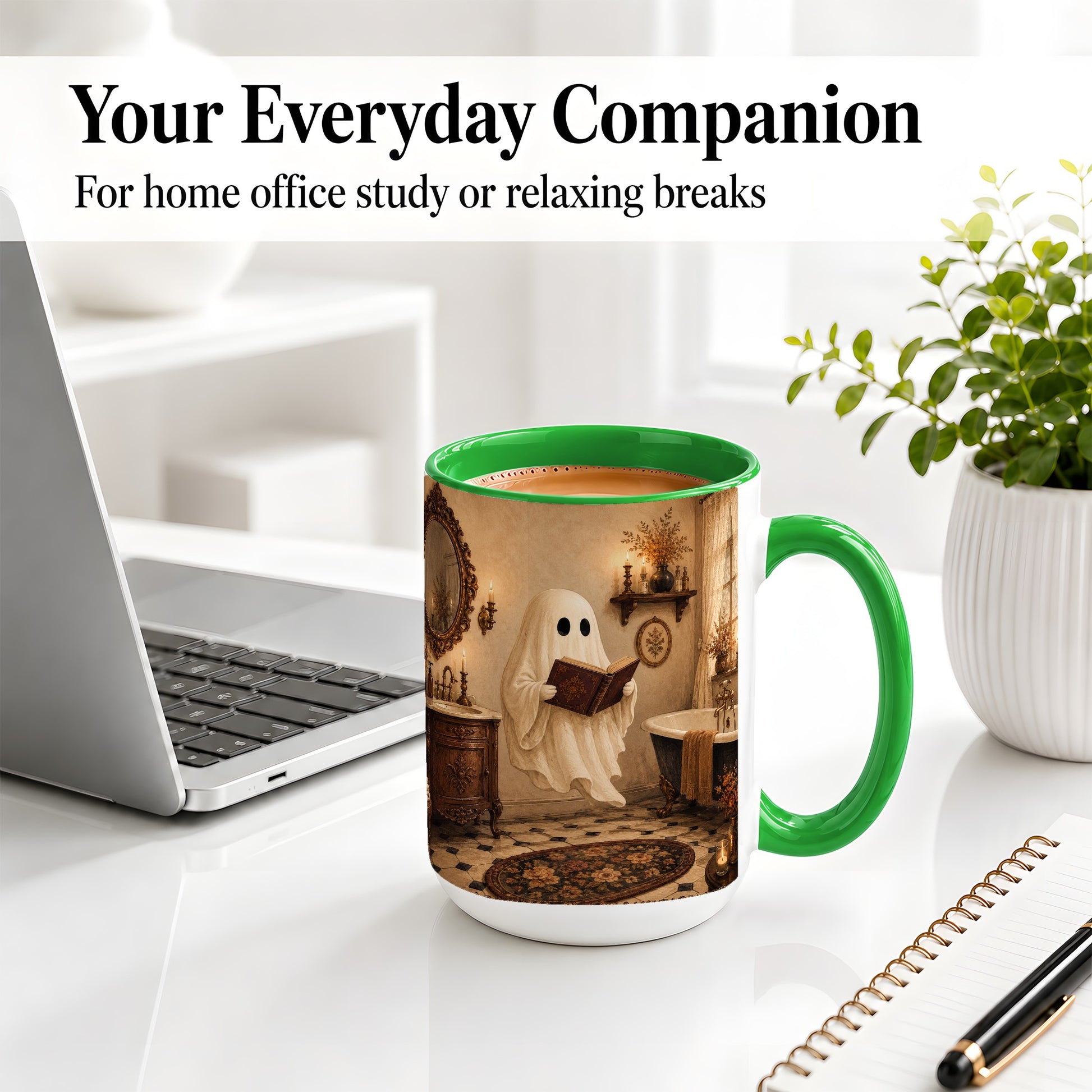 #pl[15oz|Green] Reading Ghost Ceramic Mug, Vintage Bathroom Halloween Art for Readers
