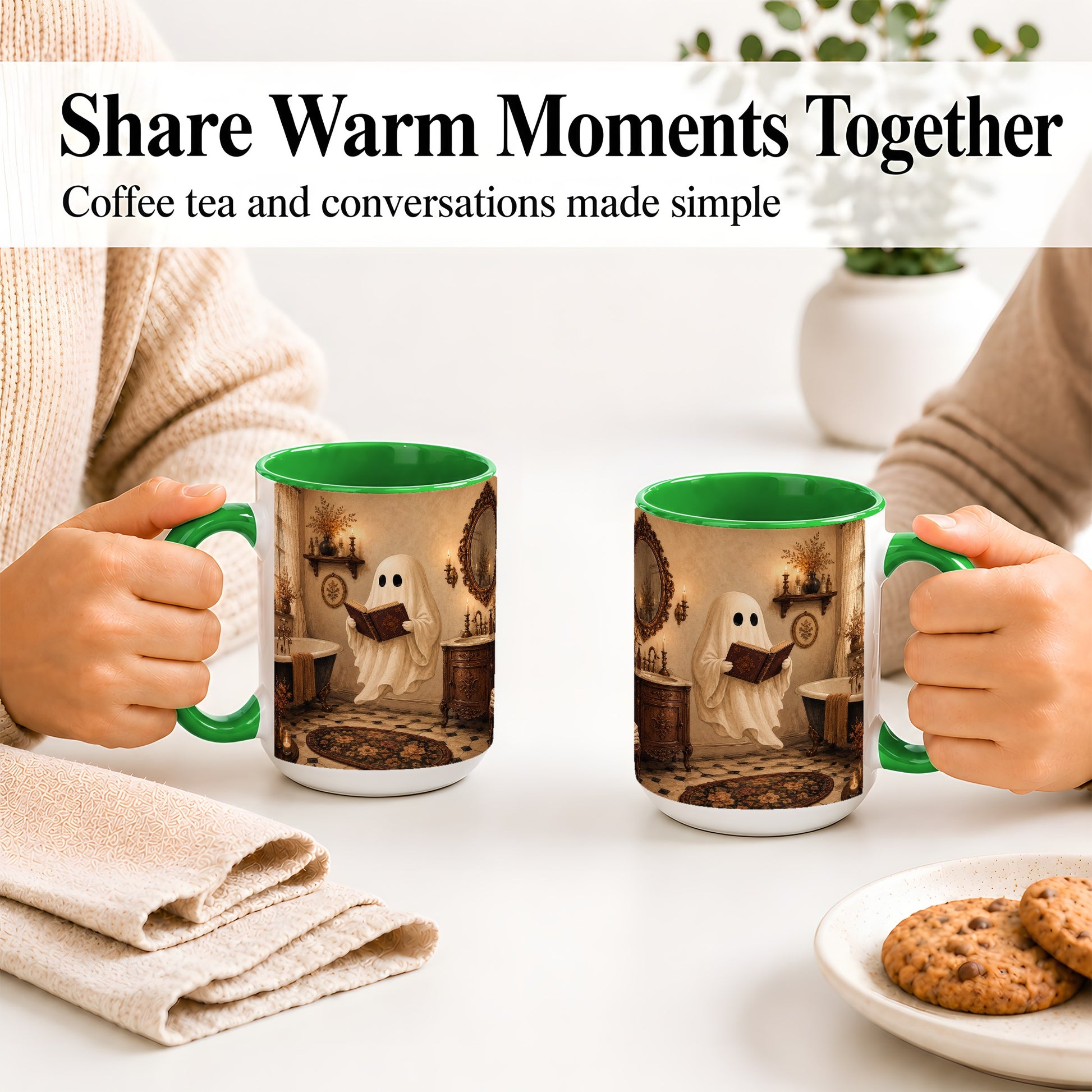 #pl[15oz|Green] Reading Ghost Ceramic Mug, Vintage Bathroom Halloween Art for Readers