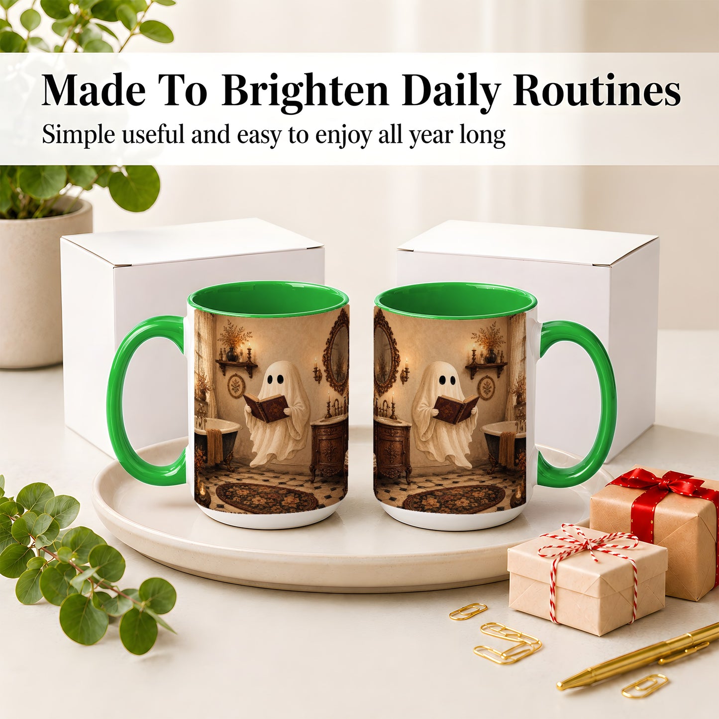 #pl[15oz|Green] Reading Ghost Ceramic Mug, Vintage Bathroom Halloween Art for Readers