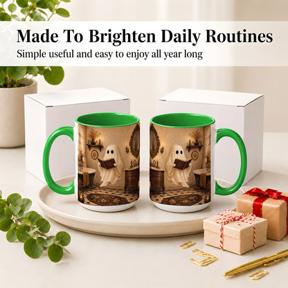 #pl[15oz|Green] Reading Ghost Ceramic Mug, Vintage Bathroom Halloween Art for Readers
