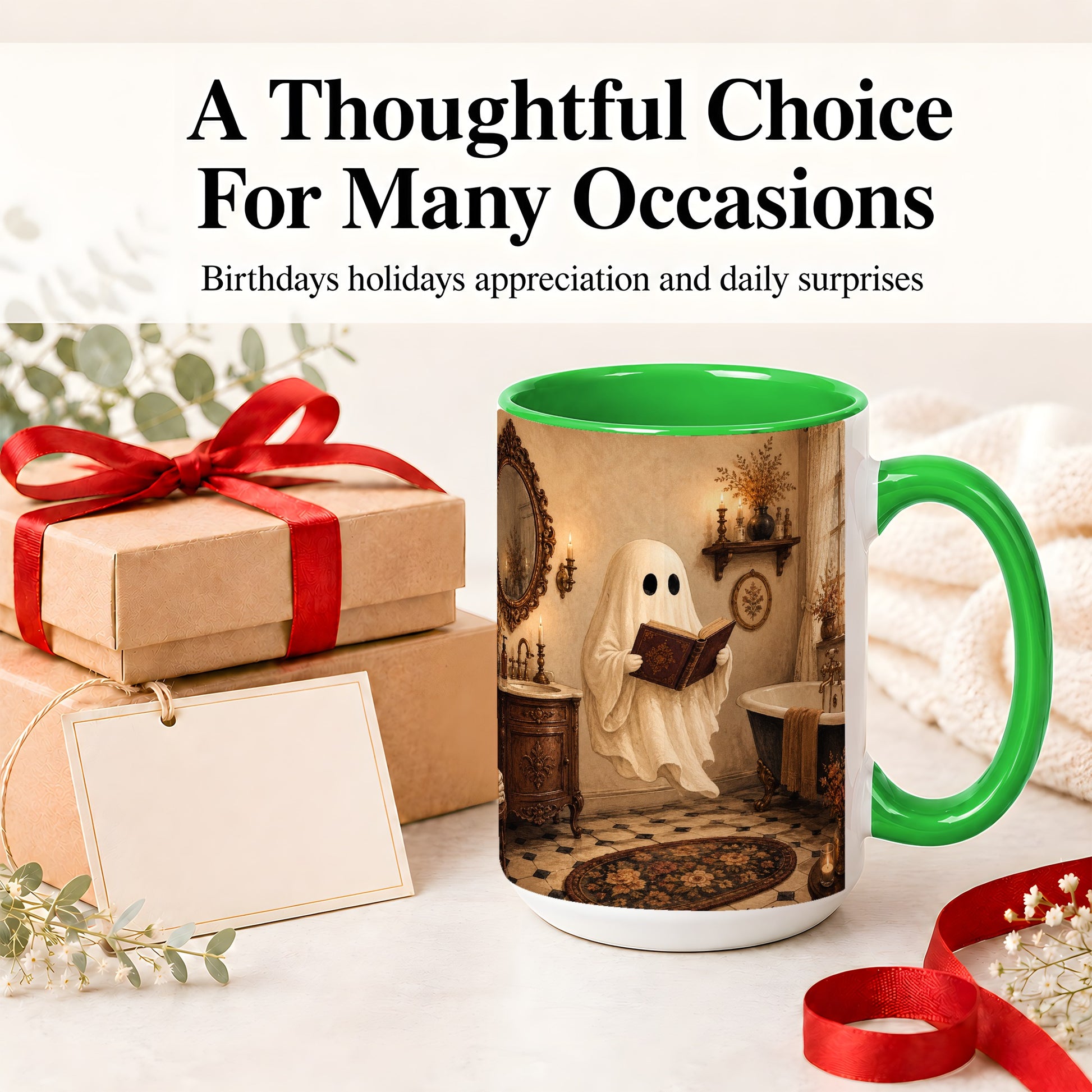 #pl[15oz|Green] Reading Ghost Ceramic Mug, Vintage Bathroom Halloween Art for Readers