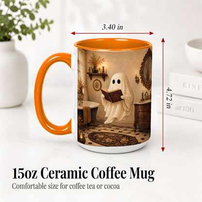 #pl[15oz|Orange] Reading Ghost Ceramic Mug, Vintage Bathroom Halloween Art for Readers