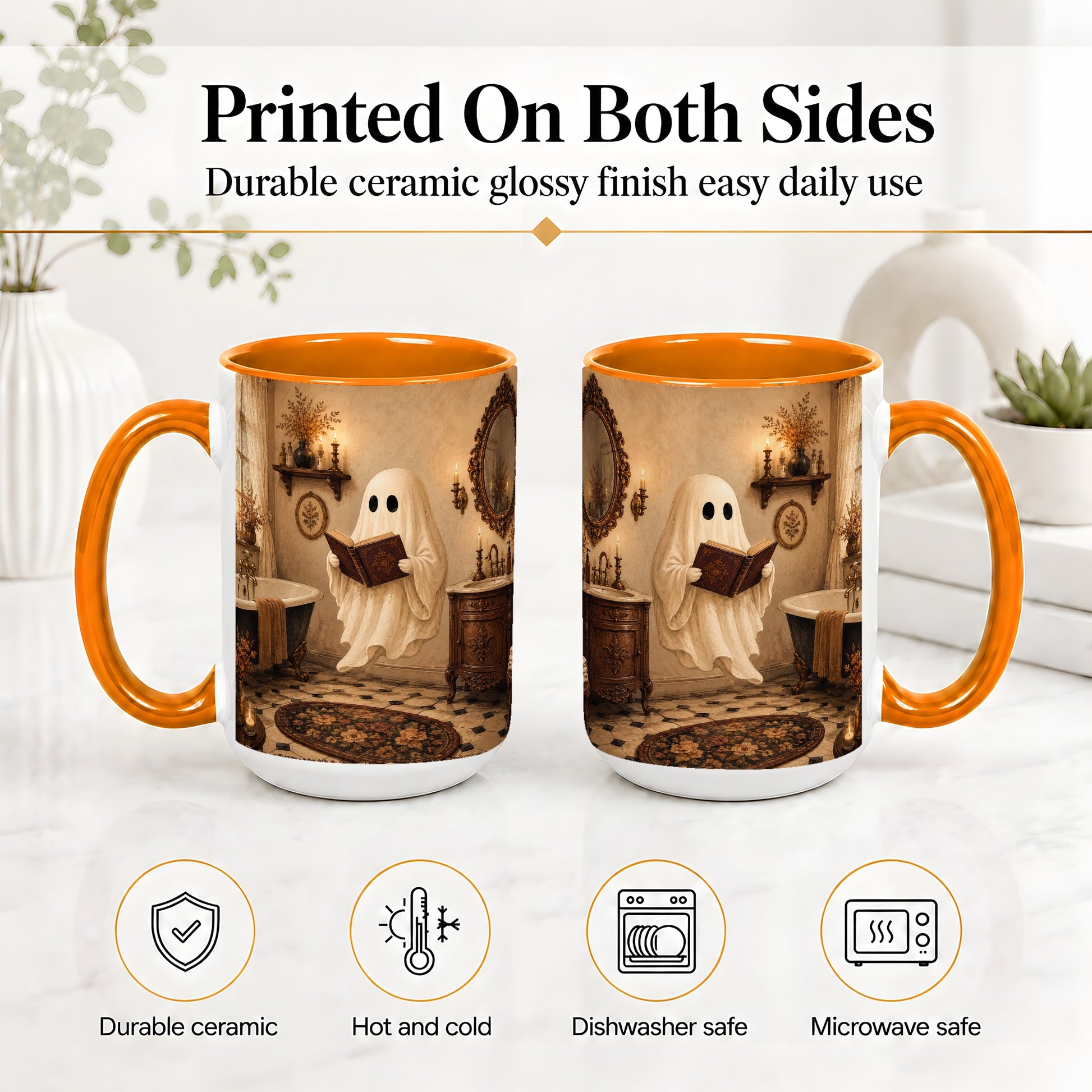 #pl[15oz|Orange] Reading Ghost Ceramic Mug, Vintage Bathroom Halloween Art for Readers