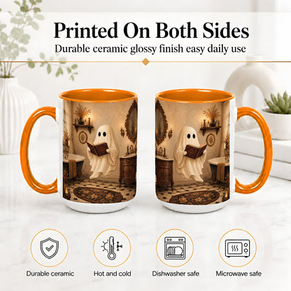 #pl[15oz|Orange] Reading Ghost Ceramic Mug, Vintage Bathroom Halloween Art for Readers
