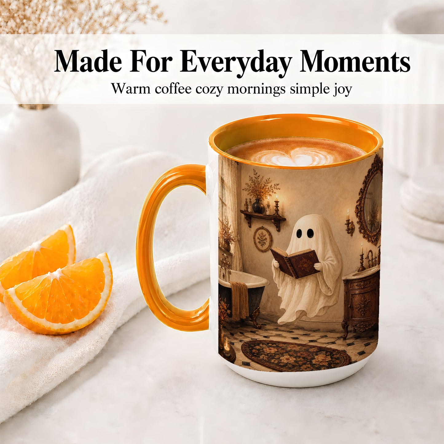 #pl[15oz|Orange] Reading Ghost Ceramic Mug, Vintage Bathroom Halloween Art for Readers