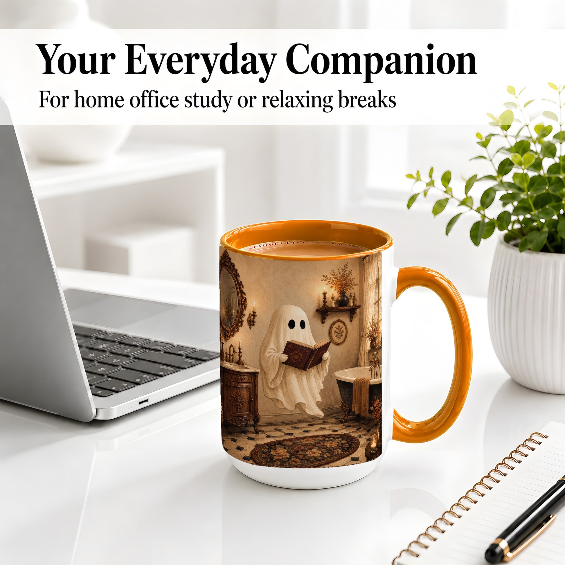 #pl[15oz|Orange] Reading Ghost Ceramic Mug, Vintage Bathroom Halloween Art for Readers