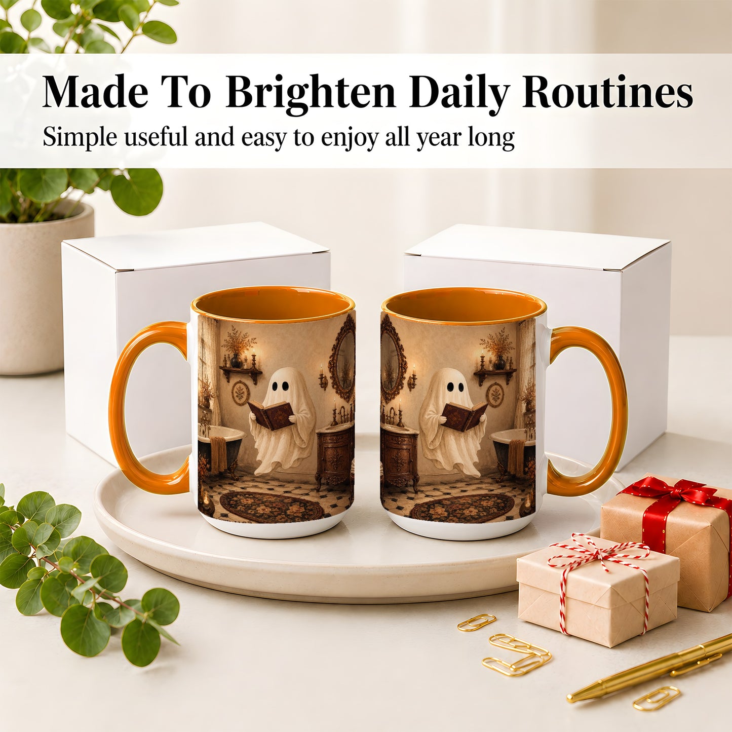 #pl[15oz|Orange] Reading Ghost Ceramic Mug, Vintage Bathroom Halloween Art for Readers