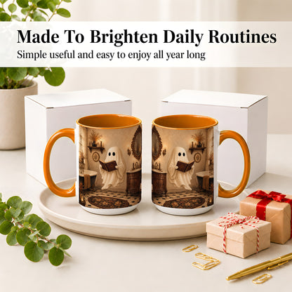 #pl[15oz|Orange] Reading Ghost Ceramic Mug, Vintage Bathroom Halloween Art for Readers