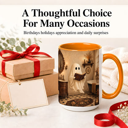 #pl[15oz|Orange] Reading Ghost Ceramic Mug, Vintage Bathroom Halloween Art for Readers
