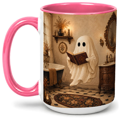 #pl[15oz|Pink] Reading Ghost Ceramic Mug, Vintage Bathroom Halloween Art for Readers