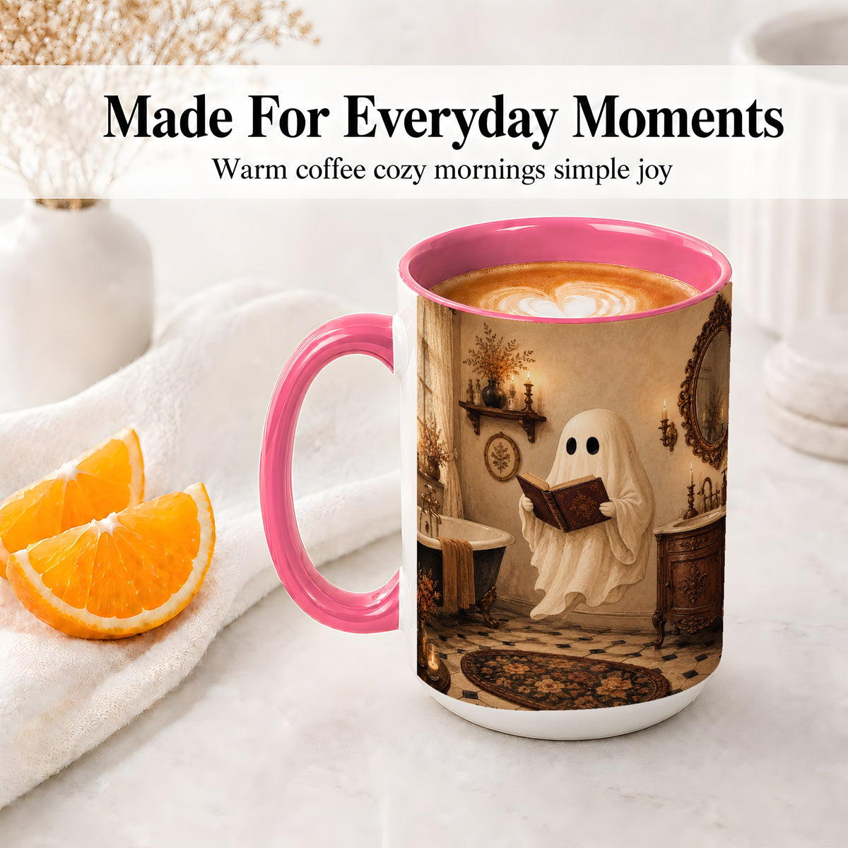 #pl[15oz|Pink] Reading Ghost Ceramic Mug, Vintage Bathroom Halloween Art for Readers
