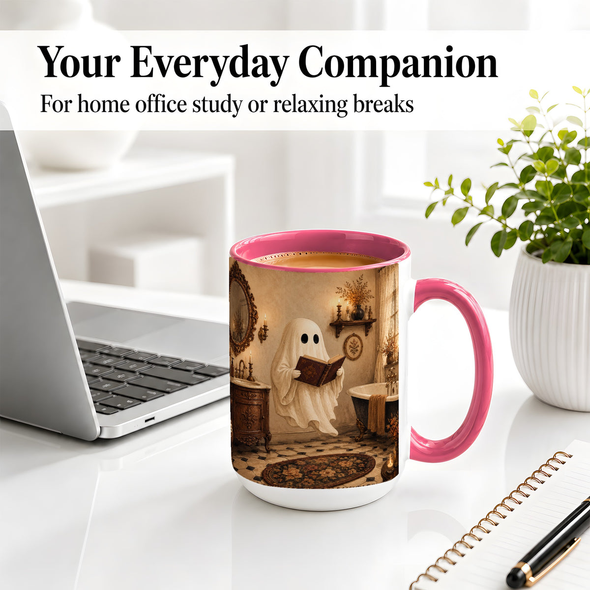 #pl[15oz|Pink] Reading Ghost Ceramic Mug, Vintage Bathroom Halloween Art for Readers