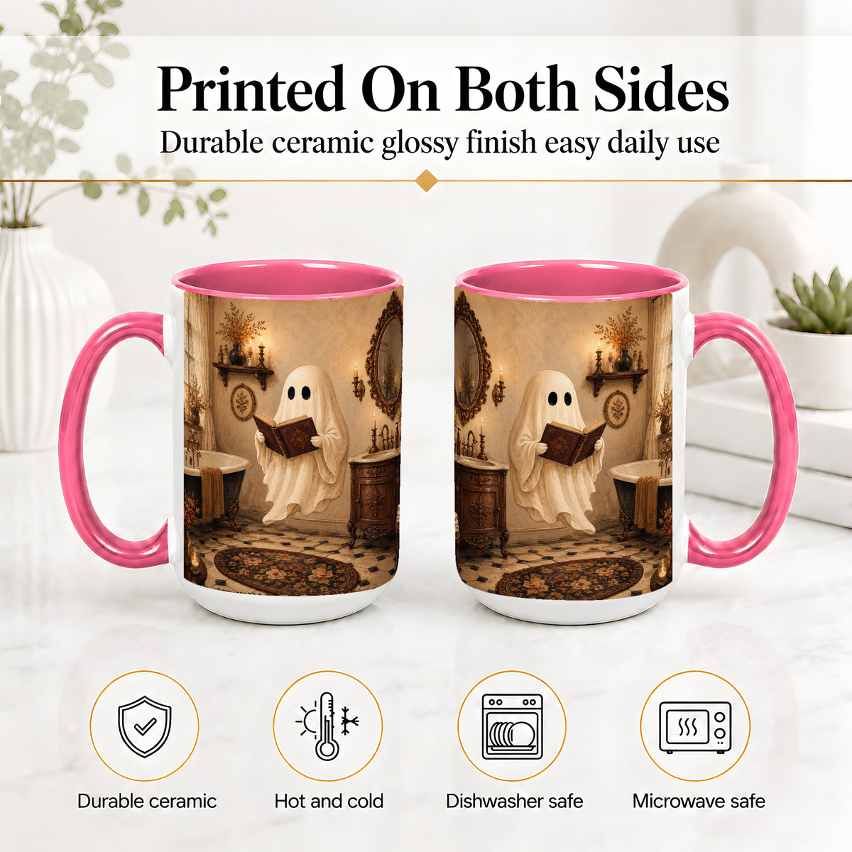 #pl[15oz|Pink] Reading Ghost Ceramic Mug, Vintage Bathroom Halloween Art for Readers