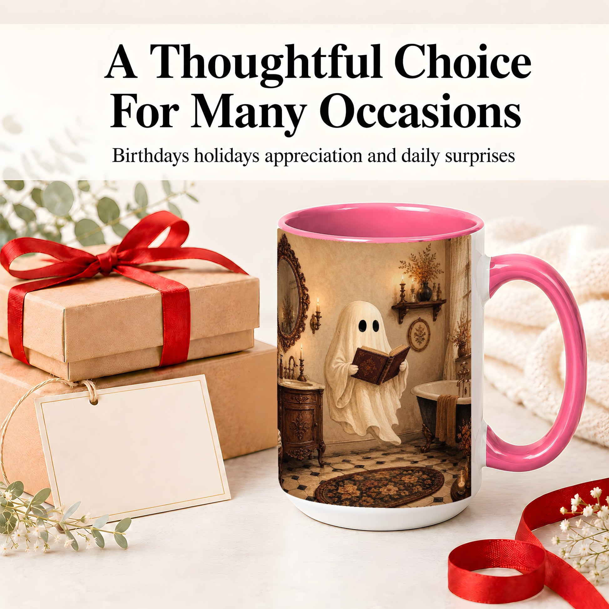 #pl[15oz|Pink] Reading Ghost Ceramic Mug, Vintage Bathroom Halloween Art for Readers