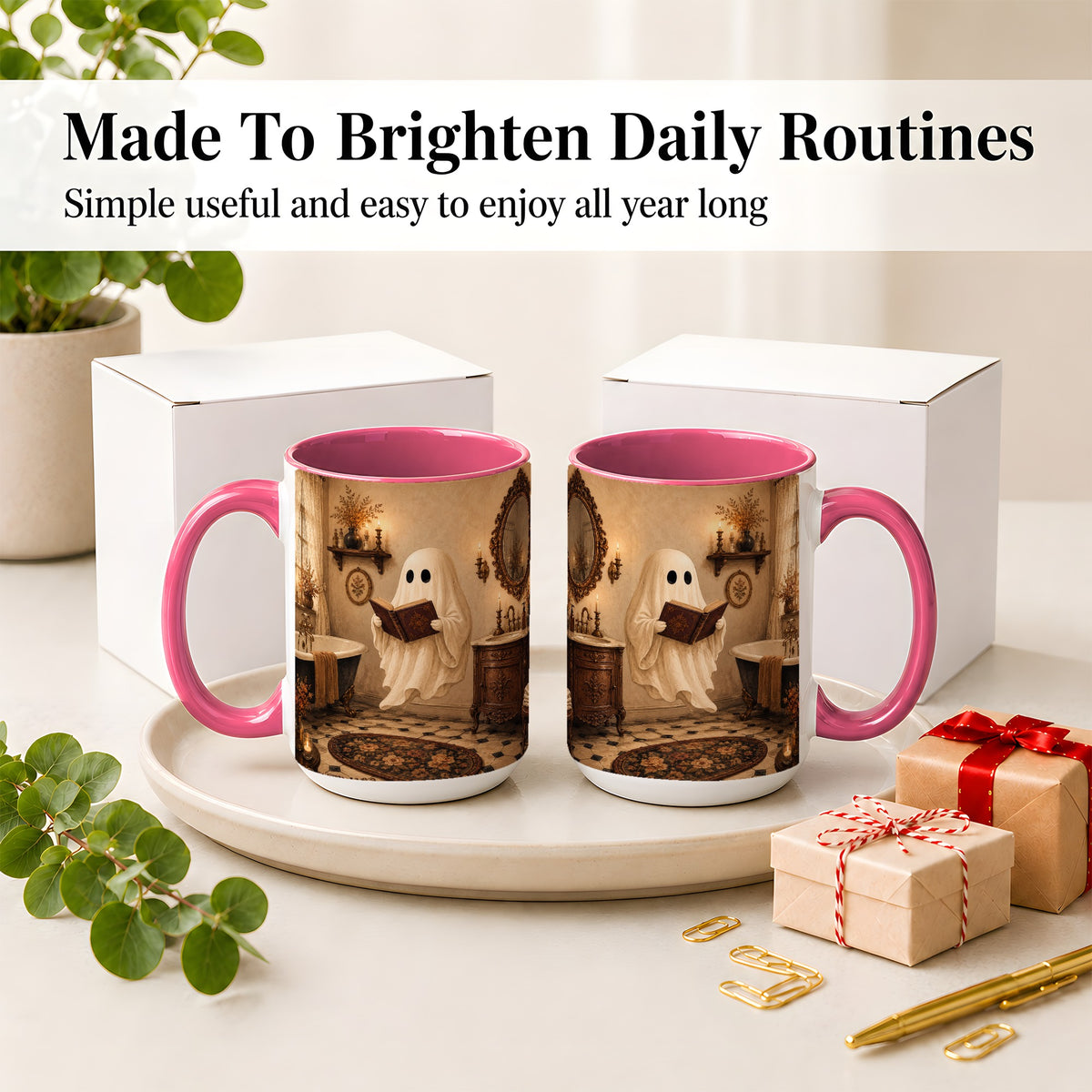 #pl[15oz|Pink] Reading Ghost Ceramic Mug, Vintage Bathroom Halloween Art for Readers
