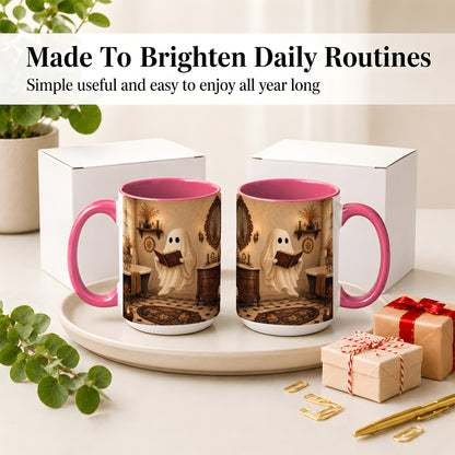 #pl[15oz|Pink] Reading Ghost Ceramic Mug, Vintage Bathroom Halloween Art for Readers