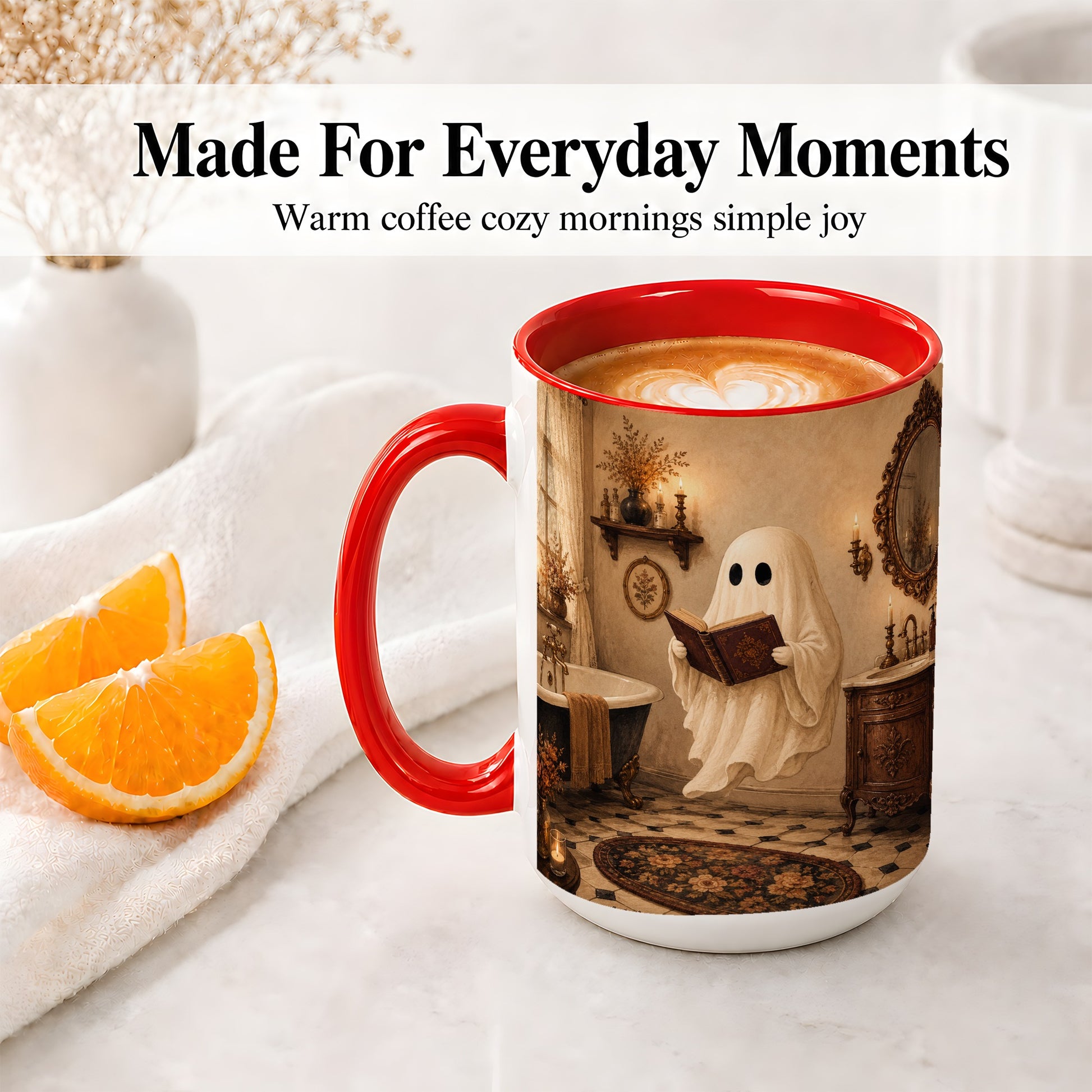 #pl[15oz|Red] Reading Ghost Ceramic Mug, Vintage Bathroom Halloween Art for Readers