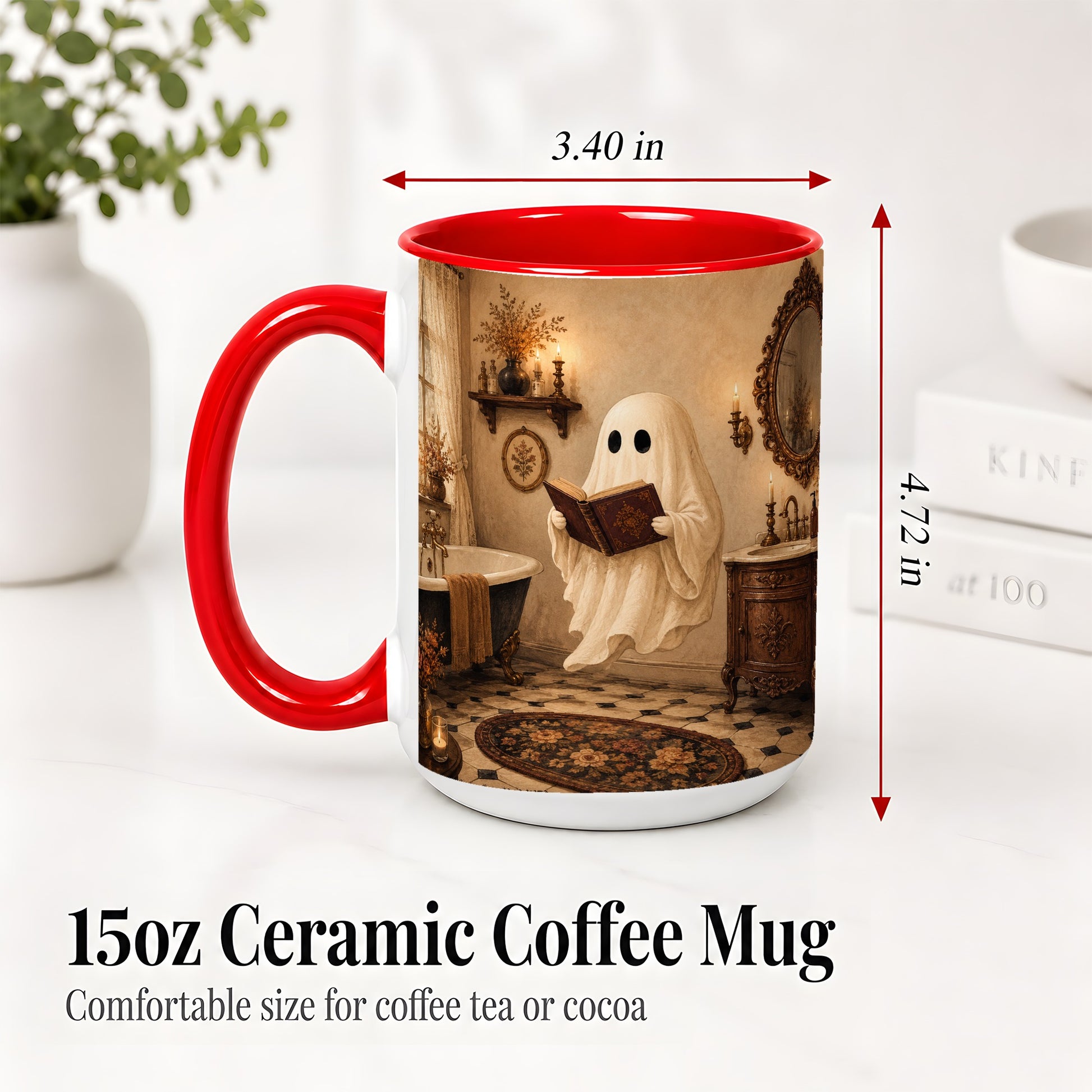 #pl[15oz|Red] Reading Ghost Ceramic Mug, Vintage Bathroom Halloween Art for Readers
