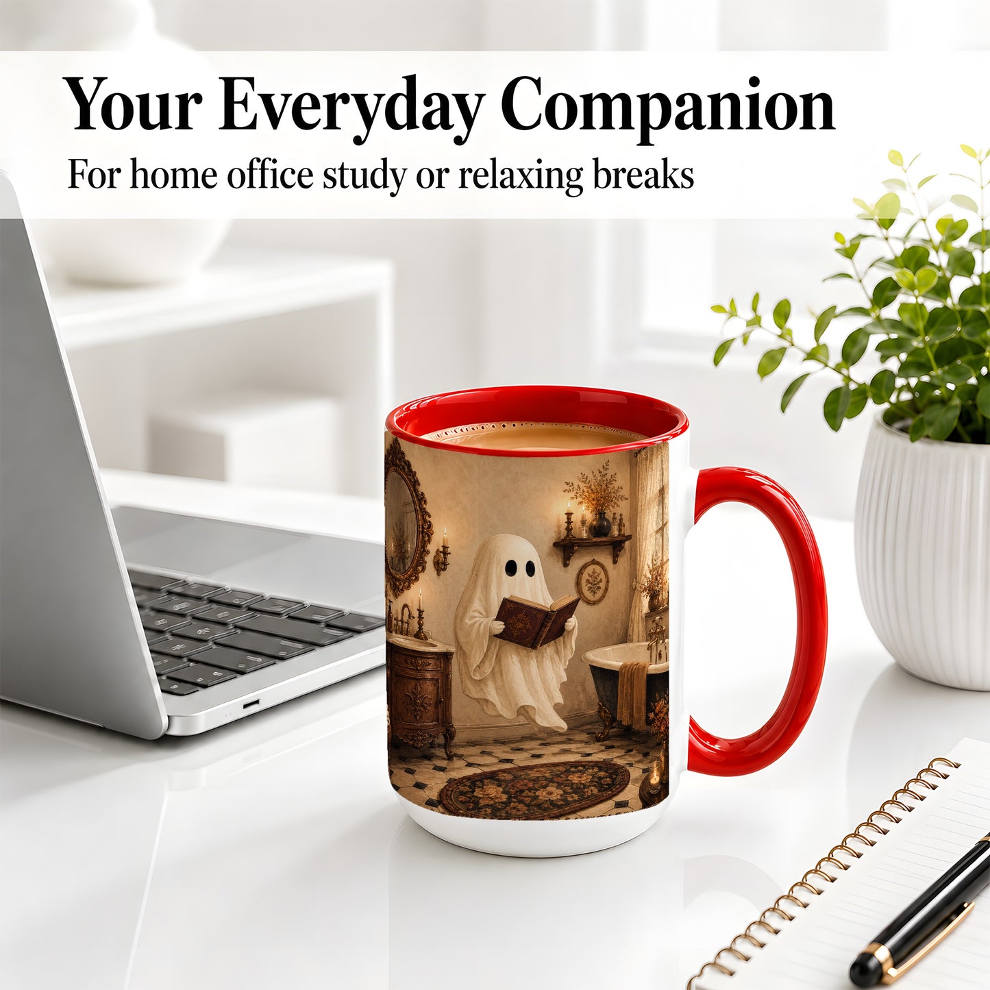 #pl[15oz|Red] Reading Ghost Ceramic Mug, Vintage Bathroom Halloween Art for Readers