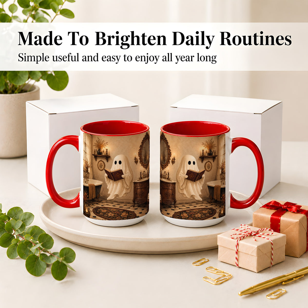#pl[15oz|Red] Reading Ghost Ceramic Mug, Vintage Bathroom Halloween Art for Readers