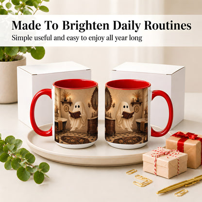 #pl[15oz|Red] Reading Ghost Ceramic Mug, Vintage Bathroom Halloween Art for Readers