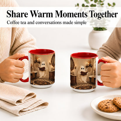 #pl[15oz|Red] Reading Ghost Ceramic Mug, Vintage Bathroom Halloween Art for Readers